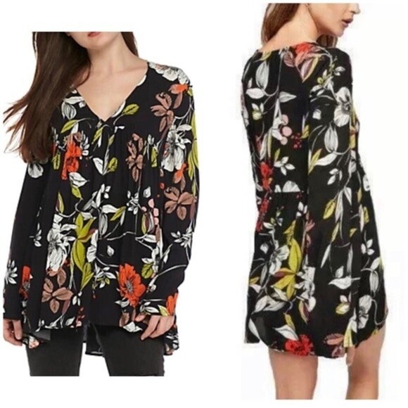 Free People shirt Women’s Size Small Black Bella Floral Tunic Top Oversized - Picture 10 of 10